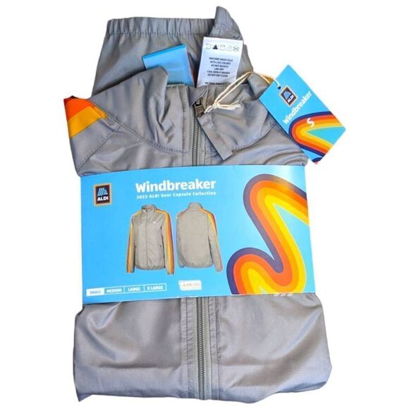 Aldi 2023 Gray Windbreaker Sz Small NWT Unisex Rainbow Sleeves Limited Release - Picture 2 of 6